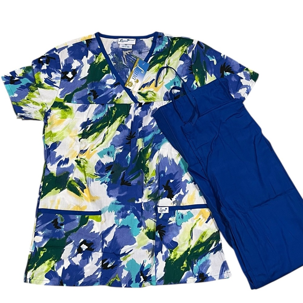 Liana Women’s Scrub Set X-small NWT Blue Green Abstract Print Top & Blue Pants